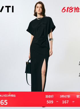 U/TI黑色开衩棉感连衣裙女 设计感褶皱T恤裙长裙尤缇2025春季新款