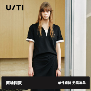 简约T恤女装 TI尤缇2025秋季 时尚 黑色假两件Polo领短袖 专柜新款