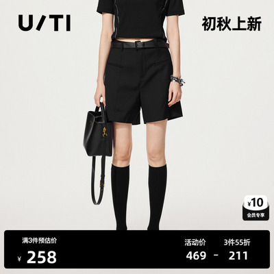 U/TI黑色率性西装短裤女装松弛感通勤宽筒休闲裤尤缇2025秋季新款