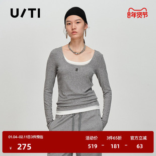 U/TI莱赛尔假两件长袖T恤女拼接修身低圆领打底尤缇2026春季新款