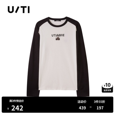 U/TI黑色撞色插肩袖T恤女 百搭纯棉长袖休闲上衣尤缇2025春季新款