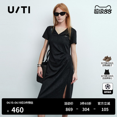 U/TI黑色棉感短袖连衣裙女V领收腰捏褶直筒中裙 尤缇2026夏季新款