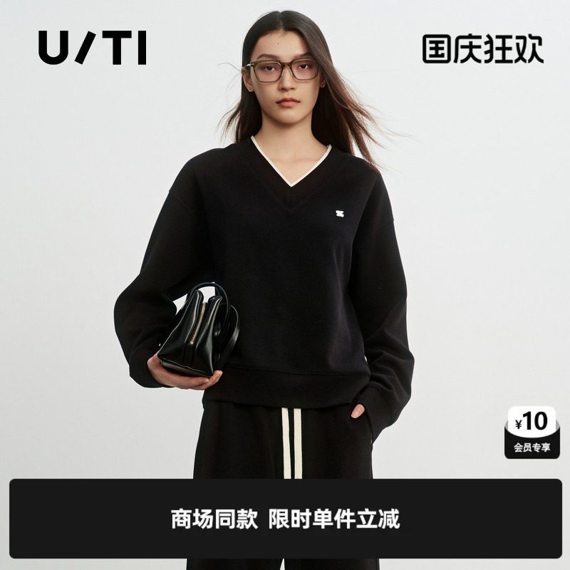专柜新款U/TI尤缇2026春棉感V领条纹宽松T恤黑色休闲直筒卫衣女装图片