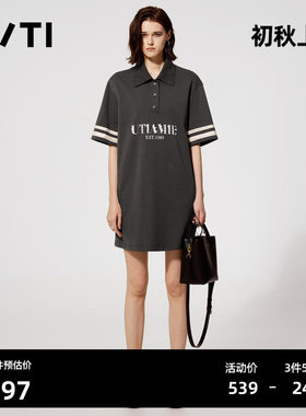 U/TI深灰色Polo连衣裙女装百搭字母印花棉感长裙尤缇2025夏季新款