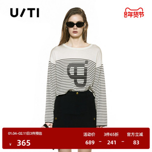 U/TI圆领黑白条纹短款针织衫女装莱赛尔印花毛衫尤缇2025秋季新款