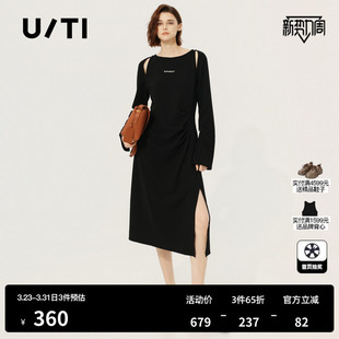 新款 TI黑色抽褶镂空连衣裙女百搭简约开衩休闲长裙尤缇2025春季