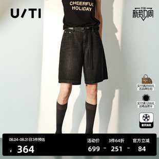 U/TI黑色棉感直筒牛仔短裤女阔腿薄款中性风中裤尤缇2026夏季新款