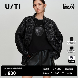 U/TI亮面菱格黑色棉服女宽松落肩光泽肌理感外套尤缇2026春季新款