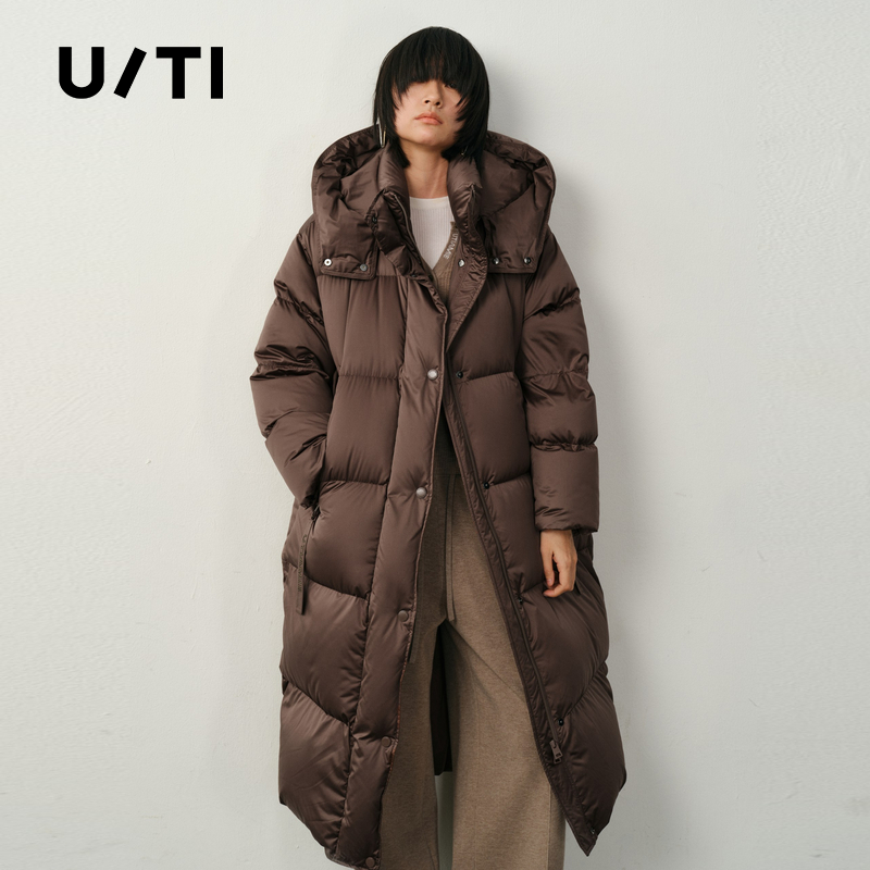 U/TI立领连帽长款羽绒服女防风零压廓感茧型外套尤缇2025冬季新款