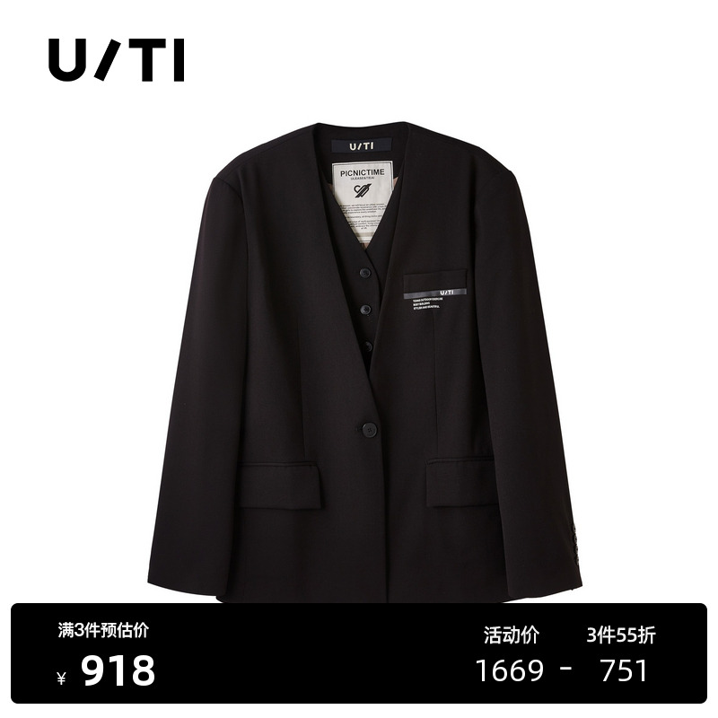 U/TI黑色假两件绵羊毛西装女通勤风垫肩廓形外套尤缇2025春季新款