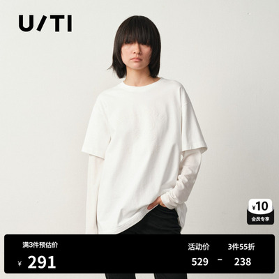 U/TI假两件印花长袖T恤女 简约宽松棉感休闲上衣尤缇2025冬季新款