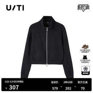 新款 卫衣尤缇2025春季 黑色双拉链字母外套女莫代尔短款 TI联名款