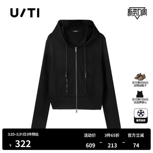 新款 百搭休闲连帽外套尤缇2025春季 TI黑色双拉链运动风卫衣女装