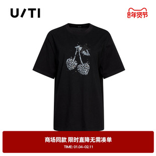 专柜新款U/TI尤缇2025秋季黑色印花圆领棉质T恤 设计感休闲上衣女