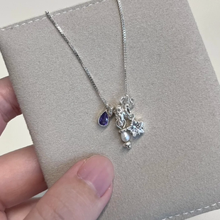 索伦奥银饰蓝色宝石星星水滴吊坠项链女精致轻奢高级感可调节颈链