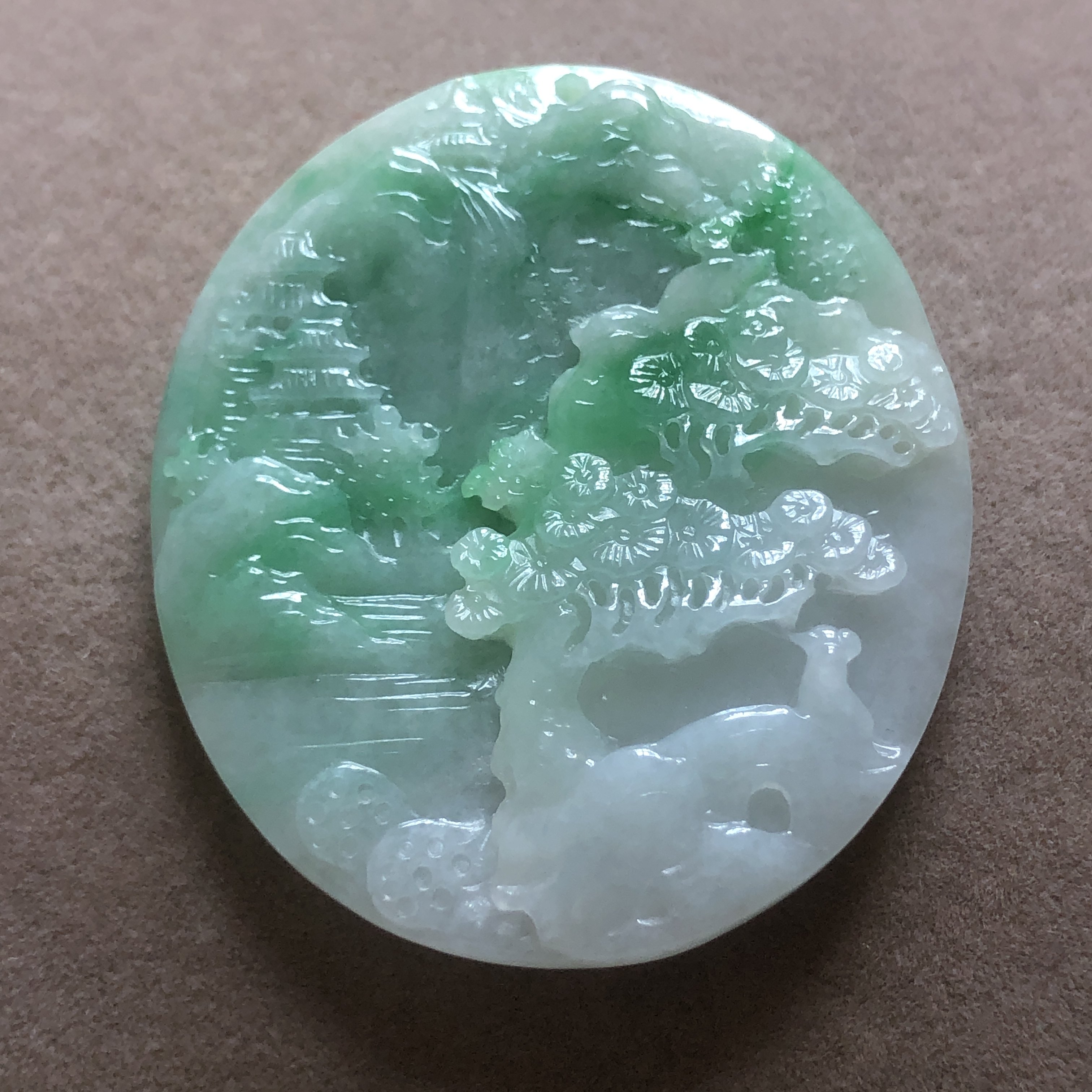 缅甸玉石A货翡翠玉雕玉器文玩冰糯种飘阳绿精雕山水玉牌挂件吊坠