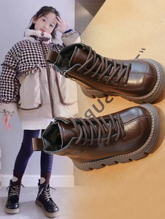 女童马丁靴2023冬季新款鞋子加绒短靴儿童靴子中大童皮靴男童棉靴