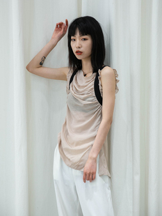 纯棉显瘦无袖 2021夏季 韩版 高品质铜安丝褶皱皱修身 女士T恤女