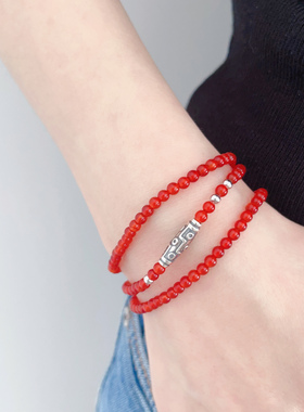 VerGem原创天然红玛瑙手串五行补火S925银手链三圈细款男女手串