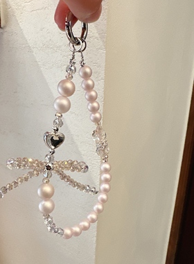 哑光粉珍珠~蝴蝶结手机链挂件女生可爱水晶珠饰便携挂绳