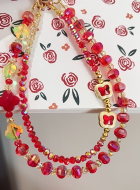 本命红~金色红色包挂手机链招财好运水晶挂件百搭双链原创合金