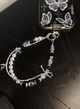 钢琴键~重工手工串珠手机挂链仿珍珠蝴蝶合金挂坠千金风珠饰包挂