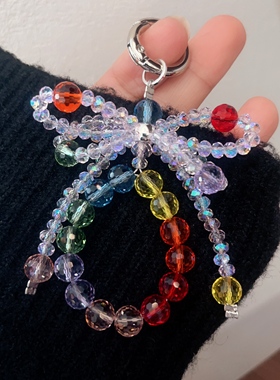 彩虹豆豆~原创手工蝴蝶结水晶串珠手机挂件少女心百搭钥匙扣挂饰