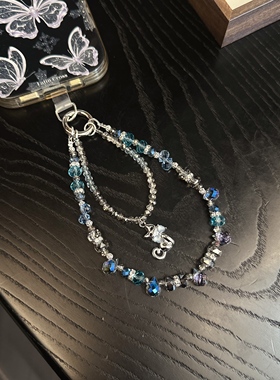 清冷小猫~水晶蝴蝶手机挂件女小众设计感蓝色珠饰链条挂链