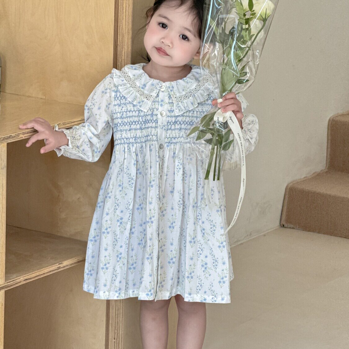 【小洛特】90-140女童打揽连衣裙女长袖碎花裙田园小清新棉印花裙