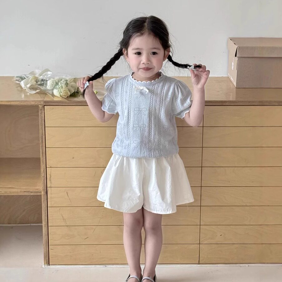 【小洛特】90-140女童套装夏新款时髦洋气镂空短袖T恤短裤两件套