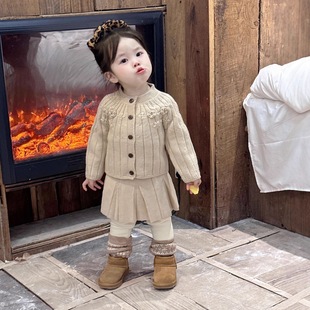 小洛特80-120 秋冬套装手钩花朵复古卡其毛衣上衣＋百褶裙2件套装