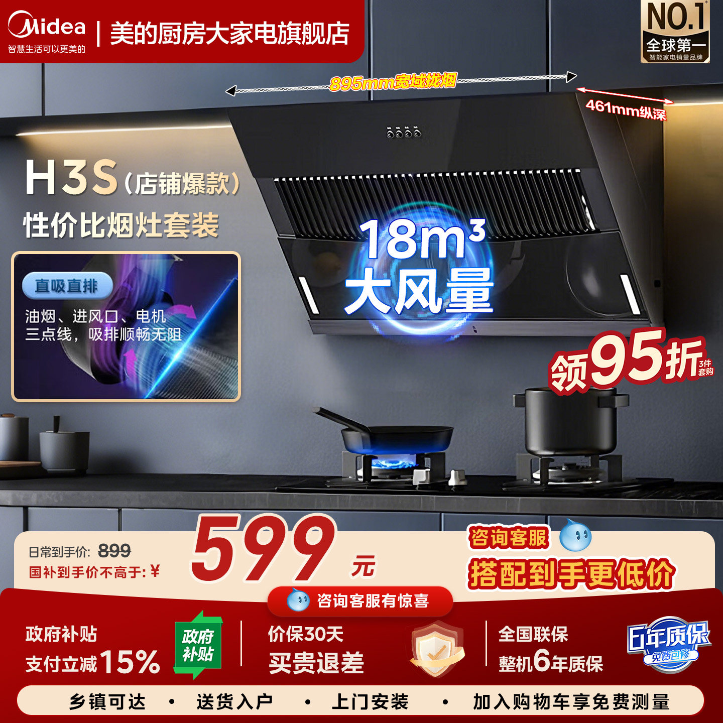 美的华凌小型尺寸家用厨房大吸力侧吸式脱排抽油烟机官方正品