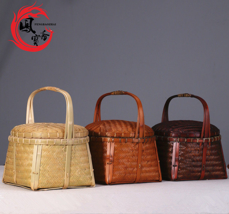 竹编茶道收纳筐复古食盒点心竹筐 竹篮茶道筐 茶道零配 摆件食盒