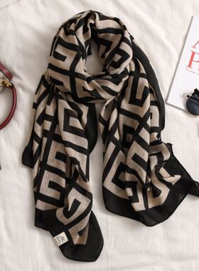 秋冬季 极简风黑色薄棉麻围巾女气质百搭夏季空调房披肩外搭丝巾