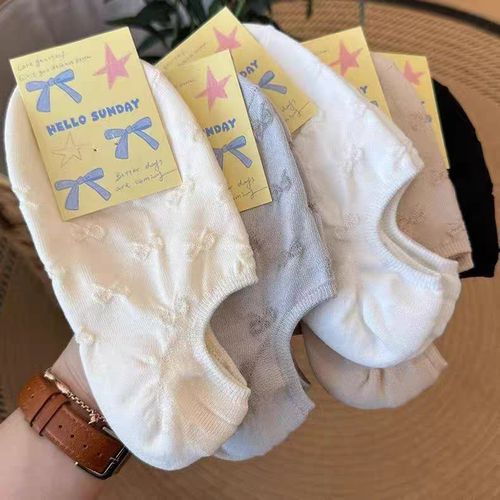 蝴蝶结可爱白色袜子女硅胶防滑不掉跟纯棉夏季薄透气隐形袜船袜短