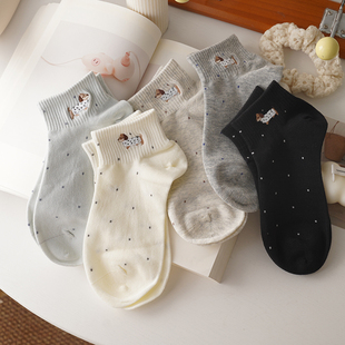 爆款 纯棉2025新款 灰色波点可爱中筒袜 薄款 卡通小狗袜子女短袜夏季