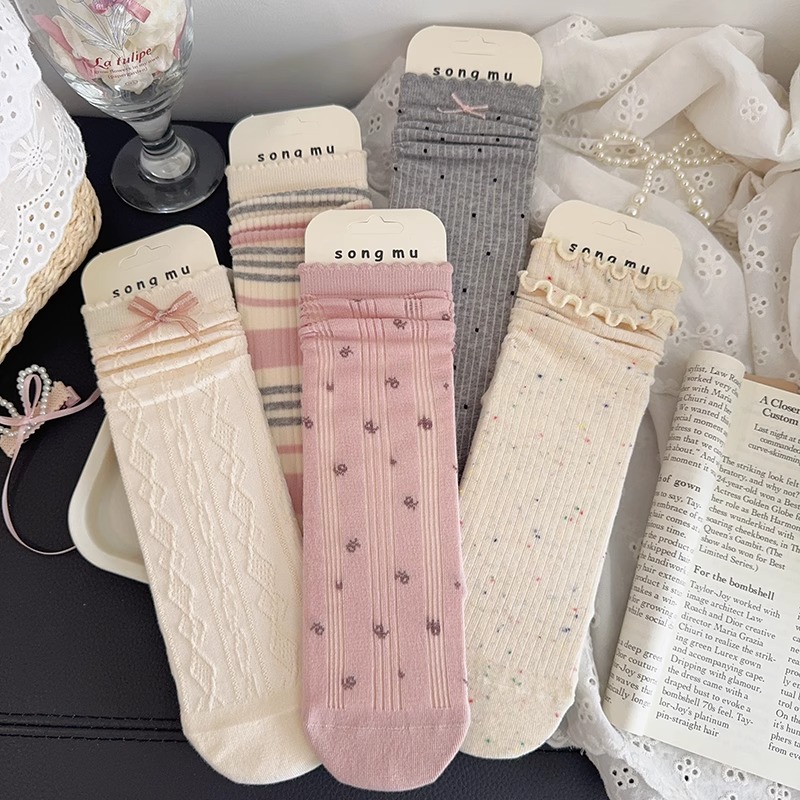 粉色袜子女中筒袜纯棉夏季薄款堆堆袜透气芭蕾风花边女生无骨长袜
