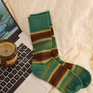 复古绿棕撞色条纹袜子女中筒袜ins潮纯棉春秋绿色堆堆袜学院风