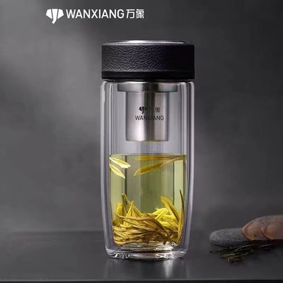 万象双层玻璃杯男女士茶杯高档送礼盒车载杯子大容量隔热透明水杯