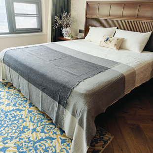 出口转内销加厚人字纹棉麻剪花床单盖毯无夹棉床盖素色防滑透气