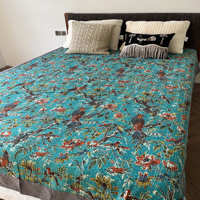 手工绣缝线双层棉麻床盖盖毯床单