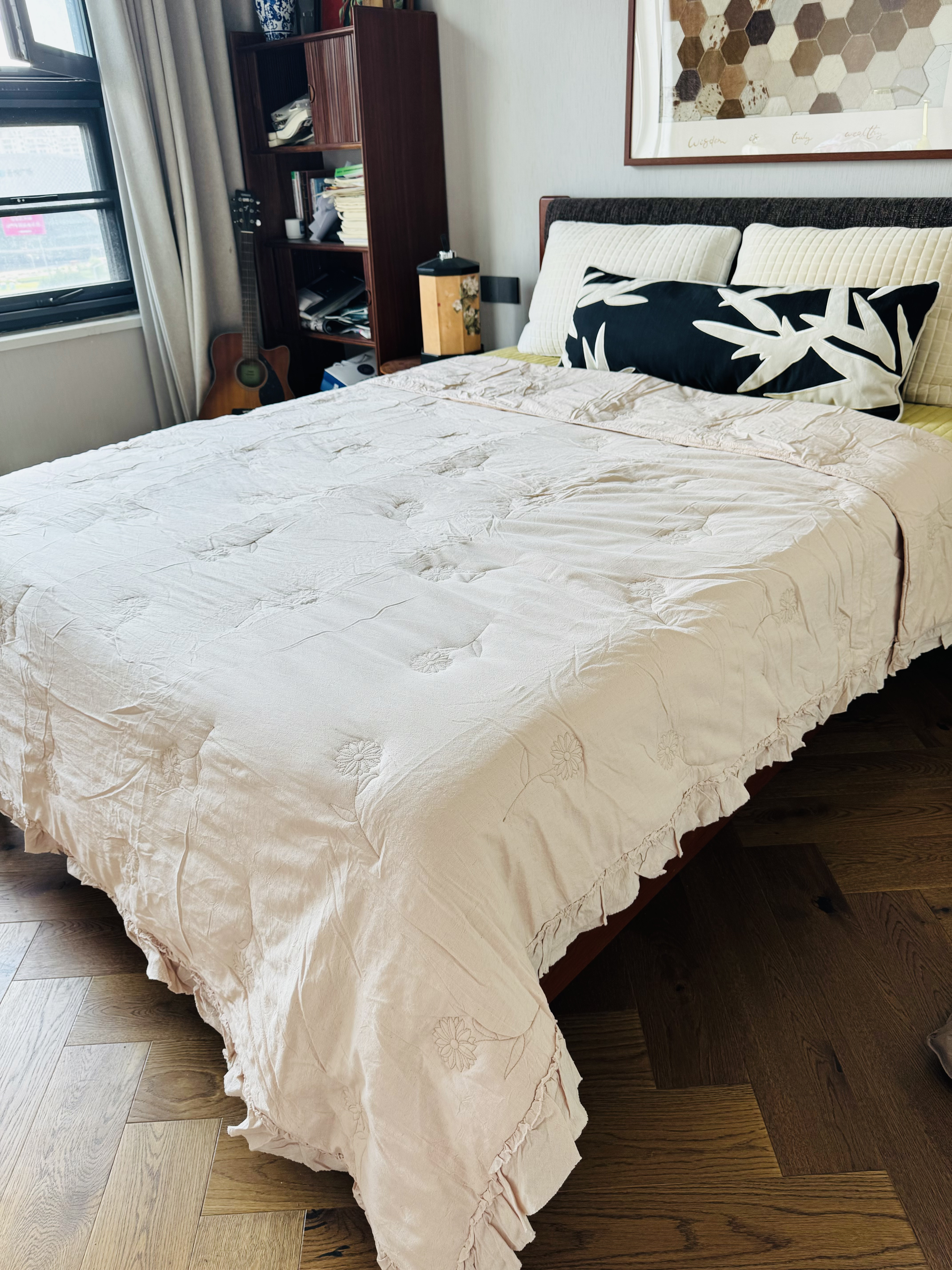 外贸出口棉麻春秋双人被子可水洗四季被纯色绗缝木耳边舒适柔软