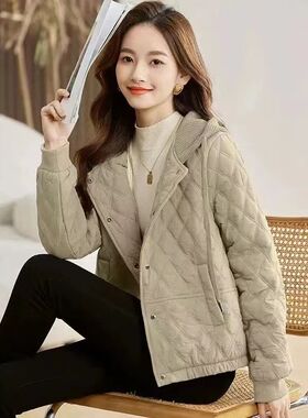 菱格夹棉外套女棉服轻薄2025秋冬季新款棉衣连帽时尚气质宽松棉袄
