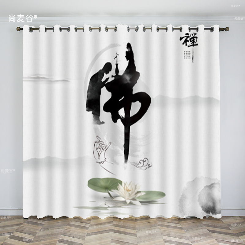 新中式黄色佛堂荷花窗帘布仙堂佛系隔断帘子佛龛遮挡帘家用背景帘