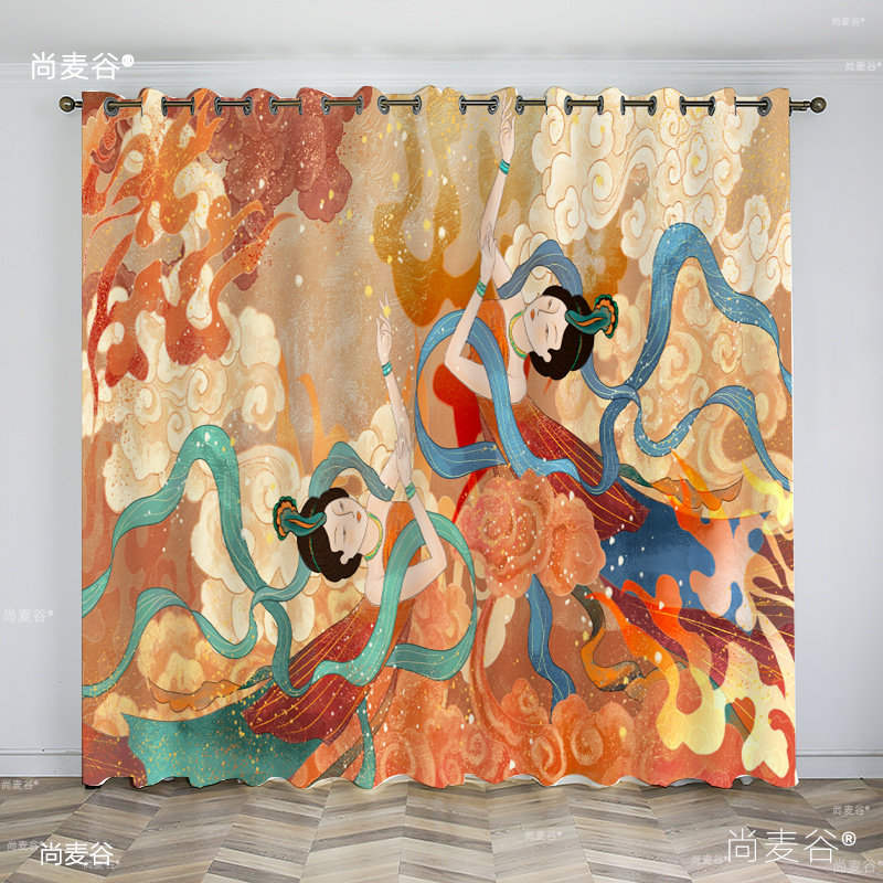 中国风古风中式窗帘客厅茶室布帘纱帘敦煌飞天新中式风格窗纱隔断