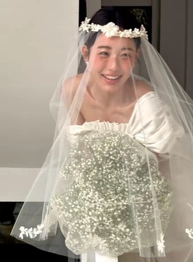 法式森系高级感白色花环头纱