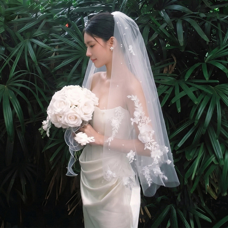 法式珍珠蕾丝头纱新娘主婚纱绝美