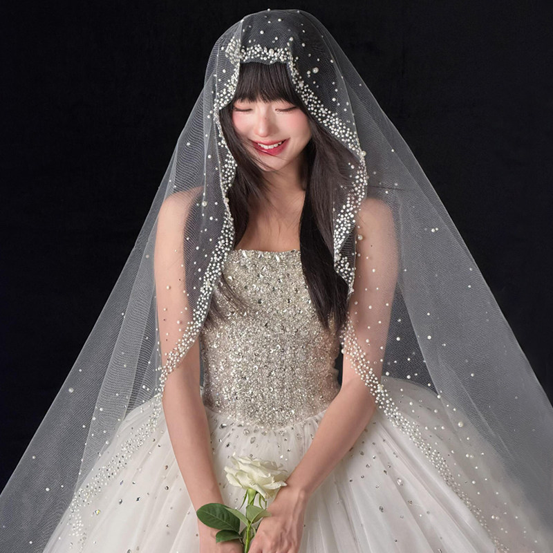 法式珍珠头纱新娘主婚纱高级感