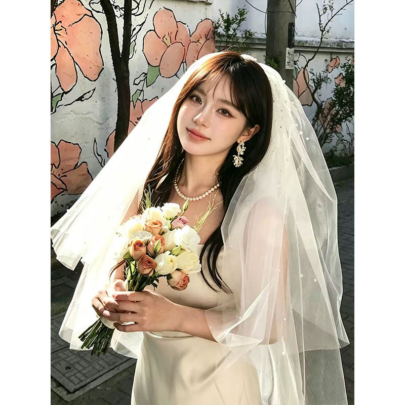 新娘高级感白色头纱领证求婚订婚