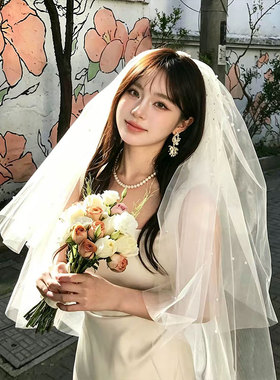 新娘高级感白色头纱领证求婚订婚